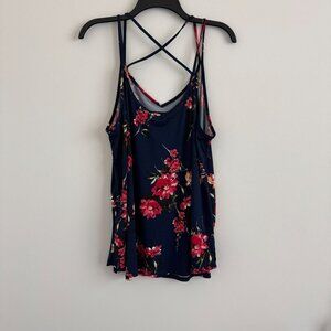 Papermoon Women Navy Floral Crisscross Back Sleeveless Tank Top Size 2X